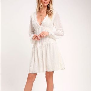 Lulus Wistful Moment White Swiss Dot Long Sleeve Dress Size Small